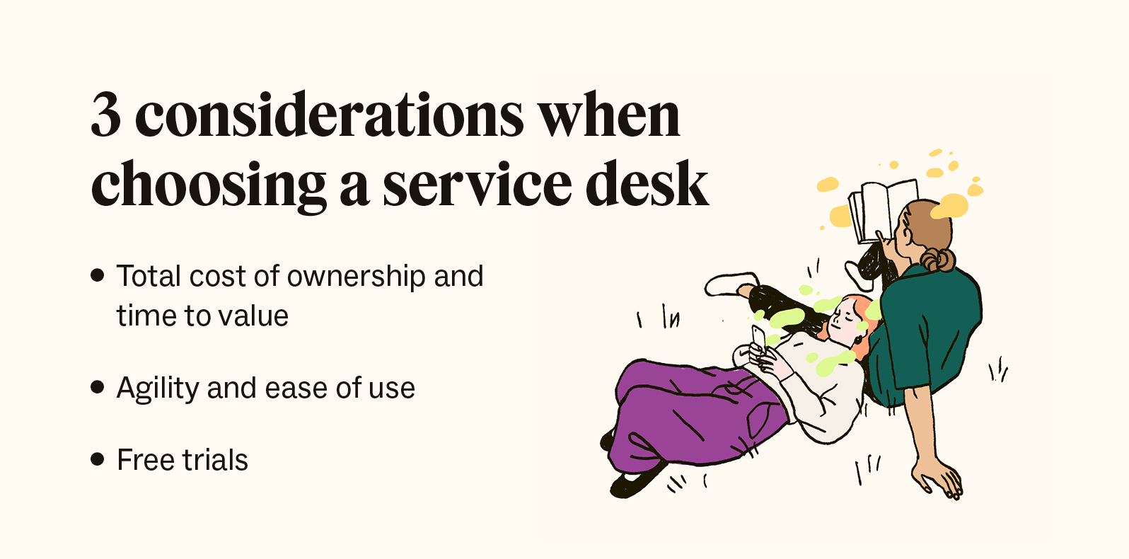 The image depicts a list of three things to consider when choosing a service desk.