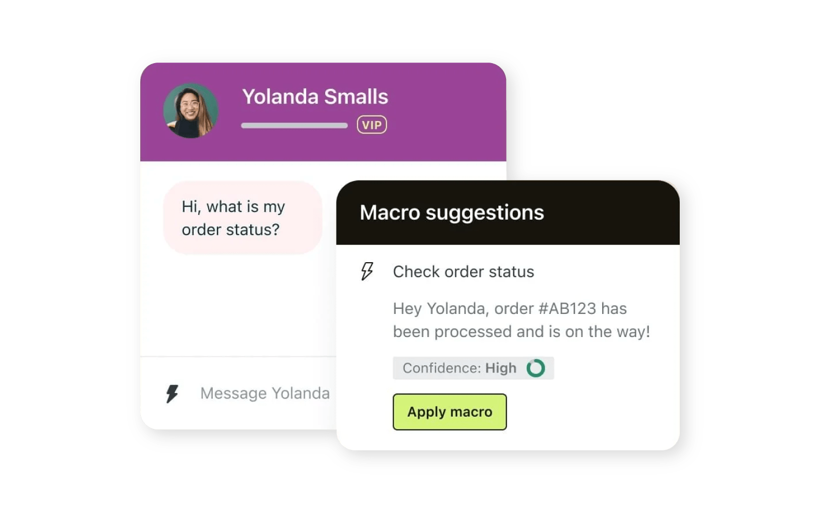 A screenshot shows the macro suggestions feature, an AI-powered tool offered by Zendesk.