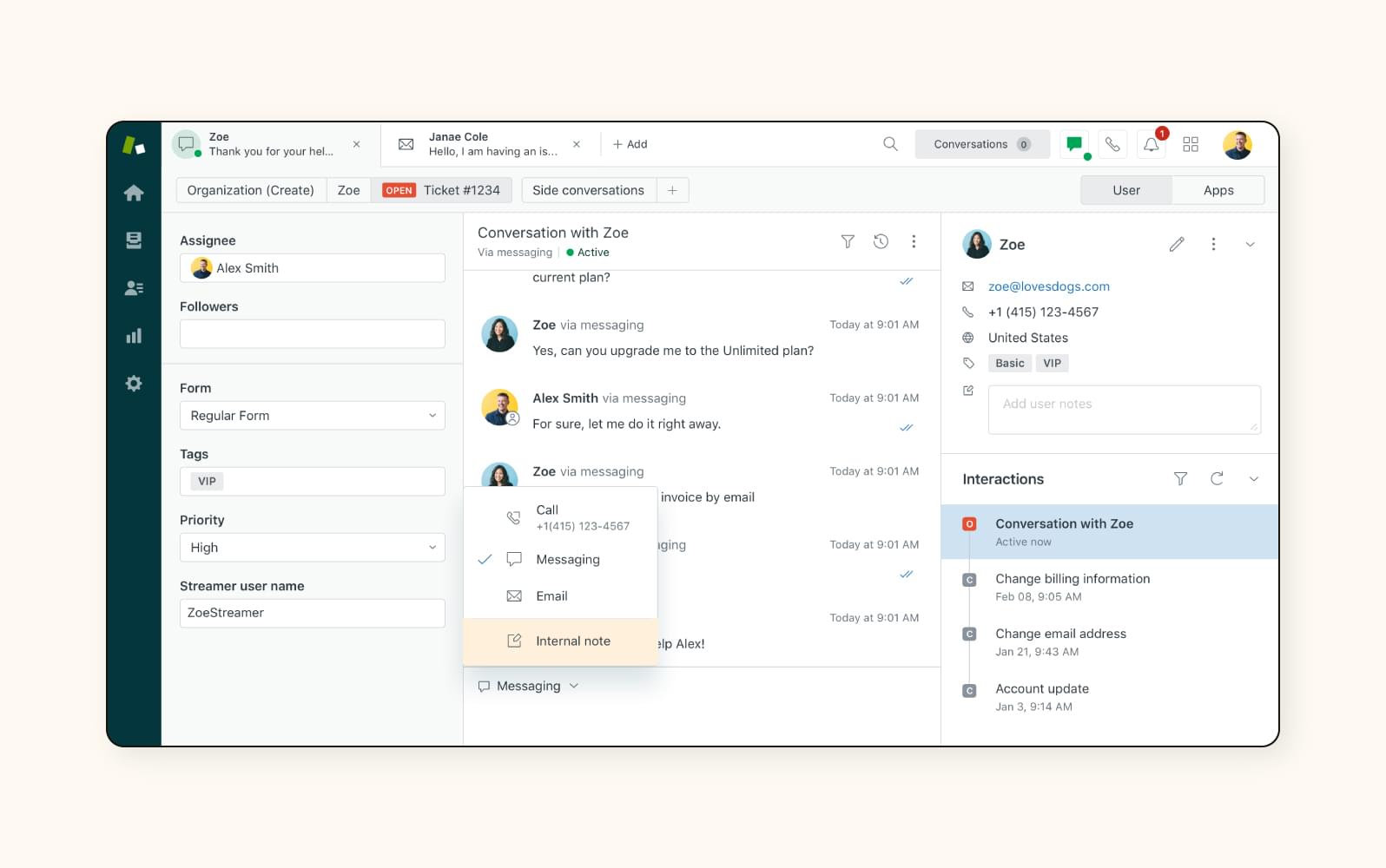 A screenshot shows the omnichannel agent workspace from Zendesk, the best customer service software.