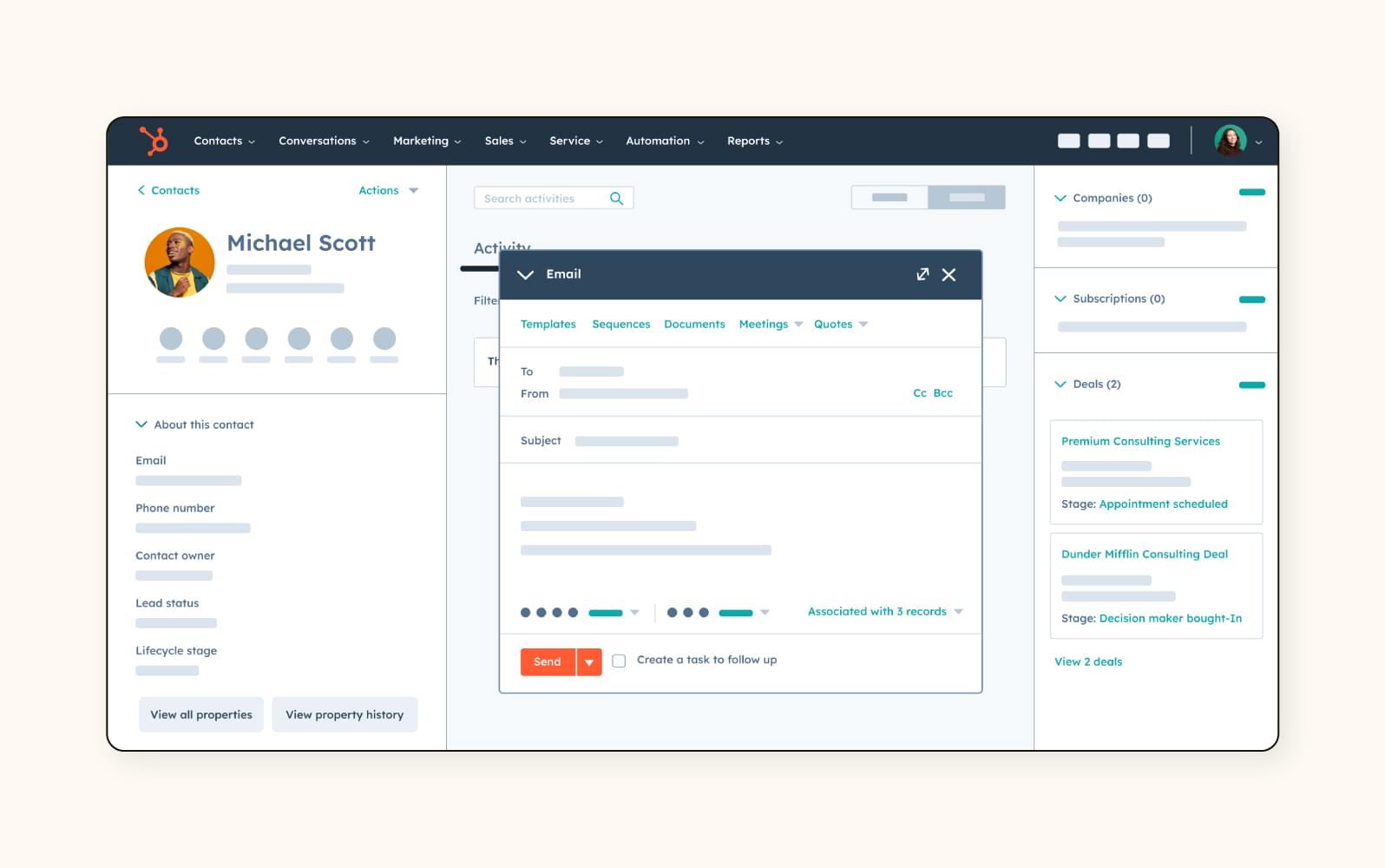A screenshot depicts a customer interaction within the user dashboard for HubSpot Service Hub’s customer support software.