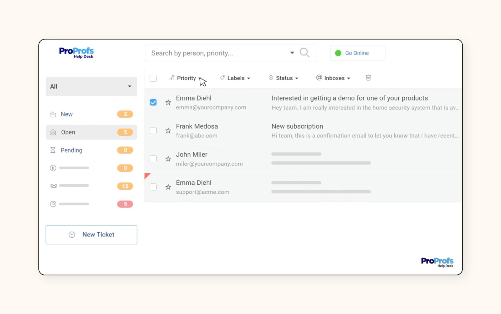 A screenshot shows the ProProfs Help Desk customer service software and its shared inbox.