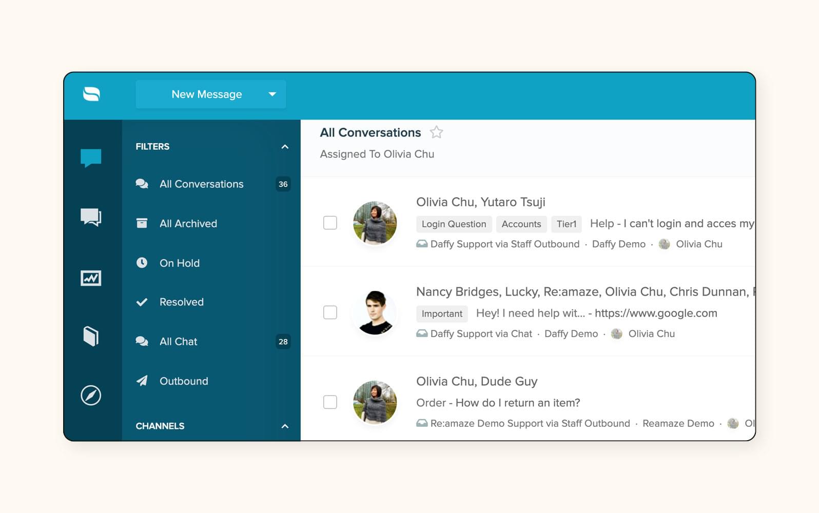 A list of live chat conversations is displayed on Re:amaze, a live chat platform.