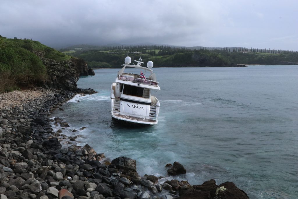 A luxury yacht ran aground on Maui on Feb. 20. (Courtesy: DLNR/2023)