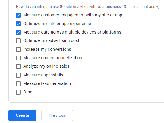 Selecting your intended uses for your property in Google Analytics.