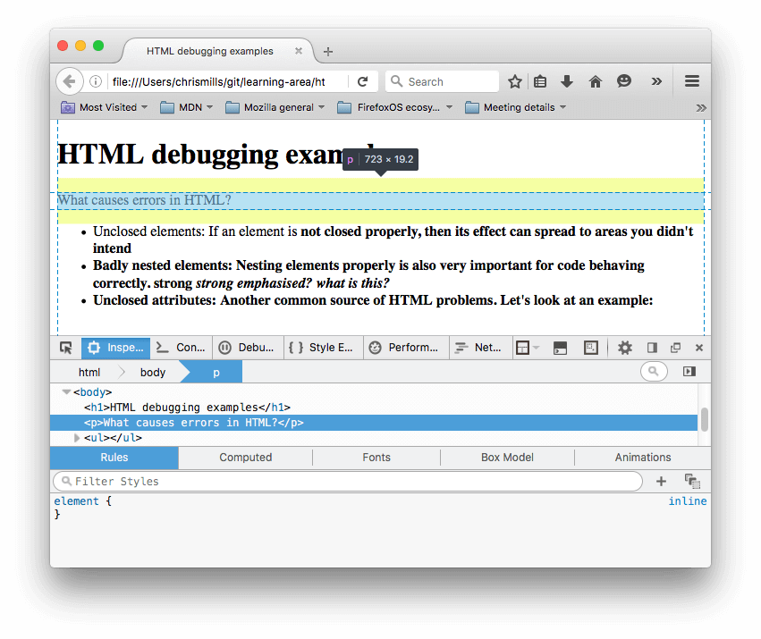 Firefox 控制台中的 HTML 检查器，可标亮元素，（图中标亮了“什么使得 HTML 出错？”）可以看到浏览器自动补齐了</p