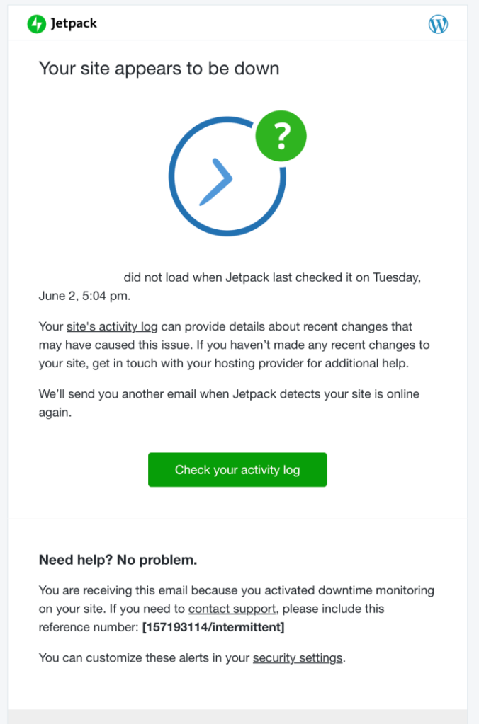 An email from Jetpack about a site being down' there's a blue clock icon and a green button that says 'Check your activity log'