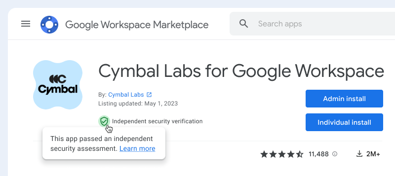 דוגמה לדף אפליקציה ב-Google Workspace Marketplace עם תג לאימות אבטחה עצמאי.