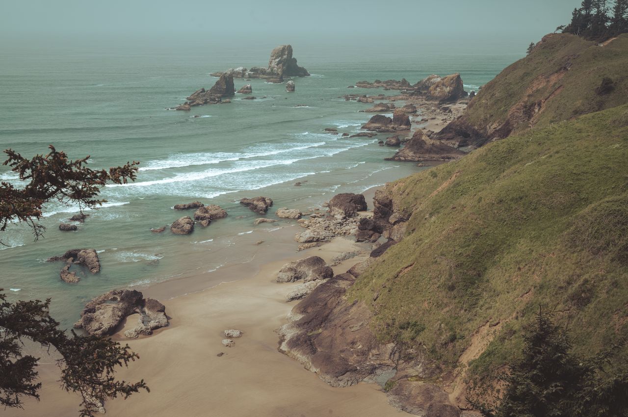 View of rocky shoreline and sea stacks along the coast at Ecola State Park, Oregon.