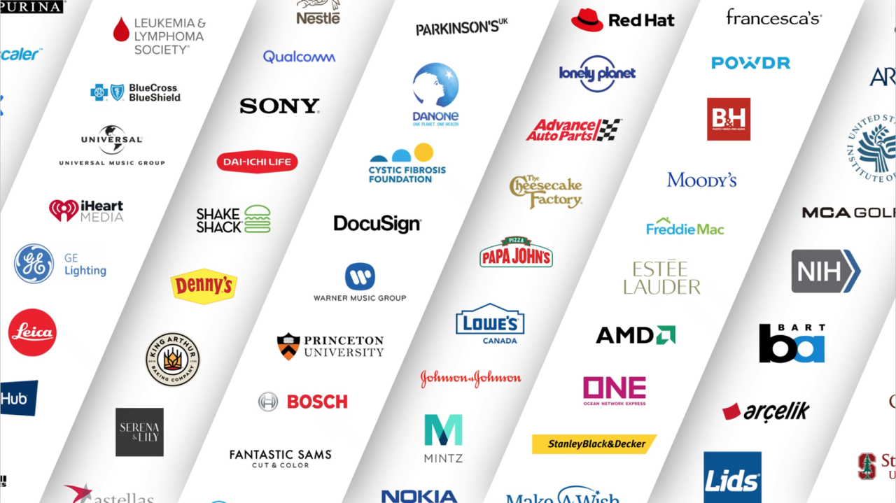 Acquia customer logos for 2021, including Sony, J&J, Leica, Sony, AMD, Nokia, Danone, Qualcomm, GE, Lids, Nestle and more