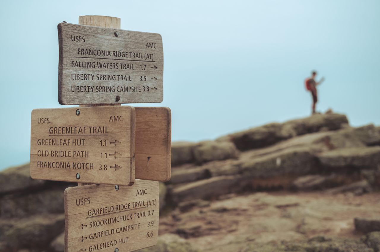 A wooden signpost indicating various trail directions.