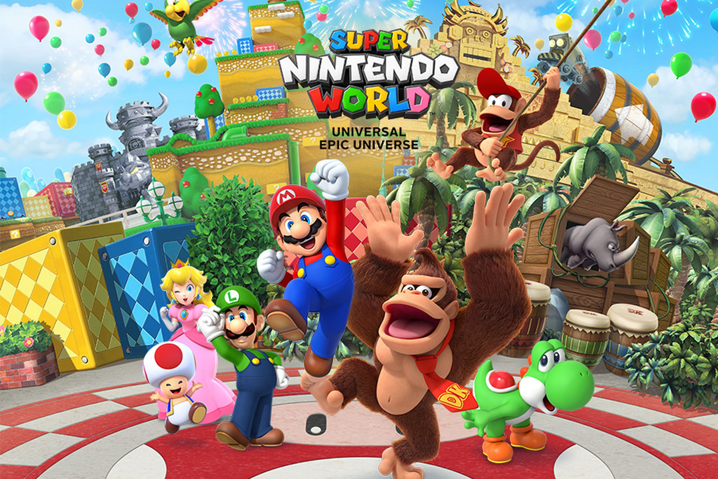 An assortment of Nintendo characters celebrating outside a mockup of Universal’s new Super Nintendo World park.