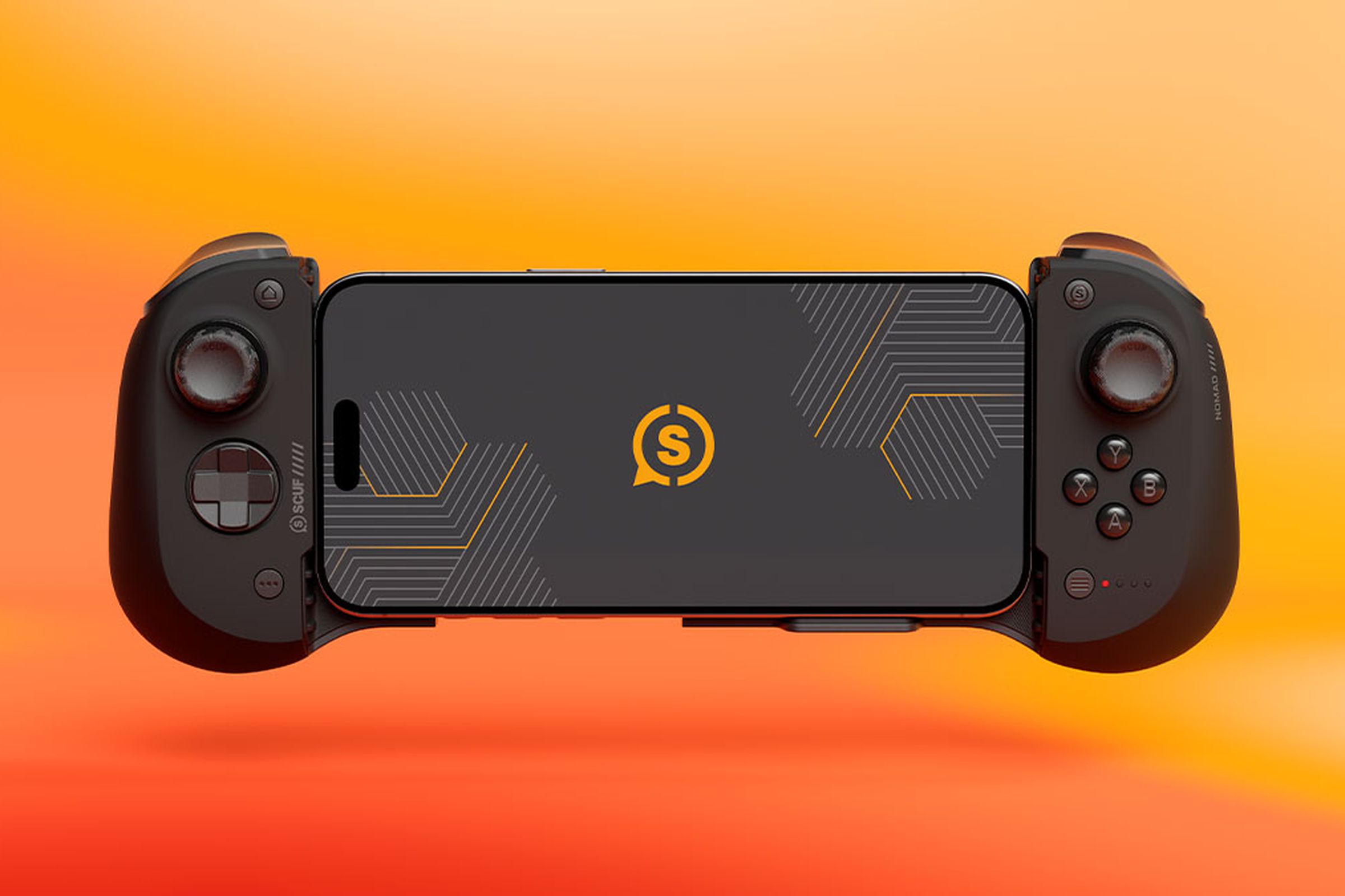 The Scuf Nomad controller with an iPhone clamped into its center, on an orange background.