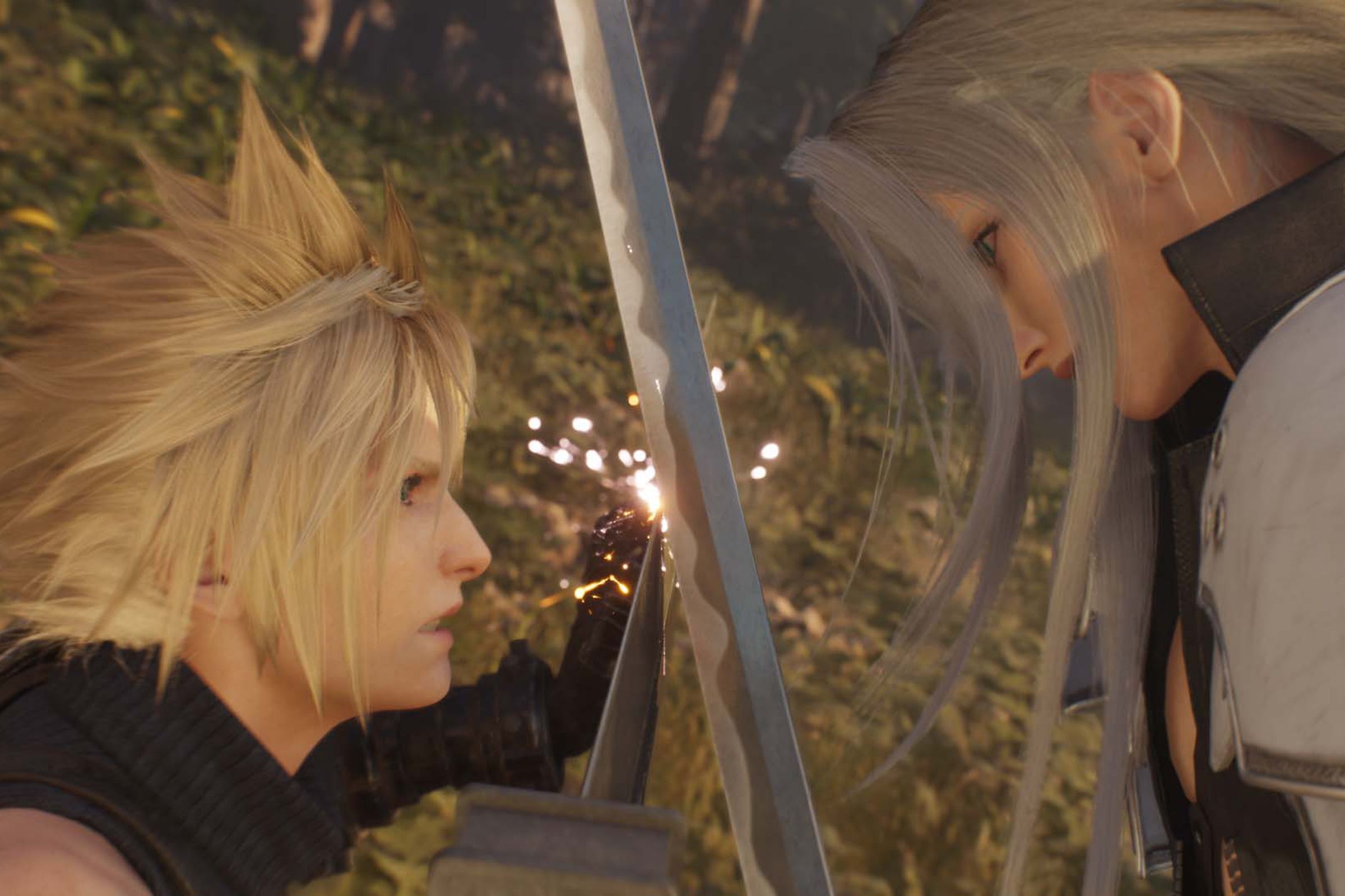 Screenshot from Final Fantasy VII Rebirth featuring a close-up of Cloud (left) and Sephiroth (right) clashing swords.