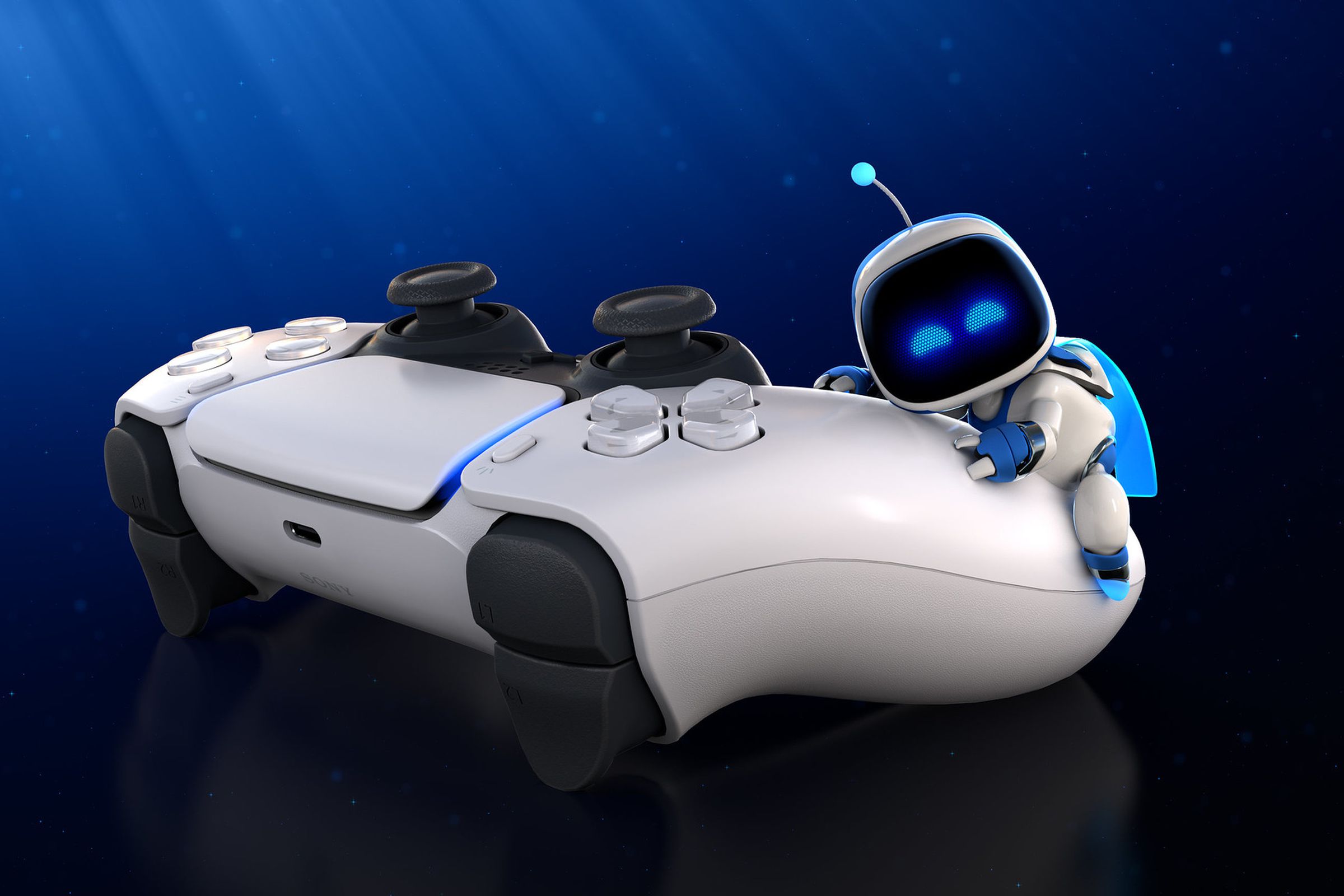 Promotional art featuring Astro Bot and a PS5 DualSense controller.