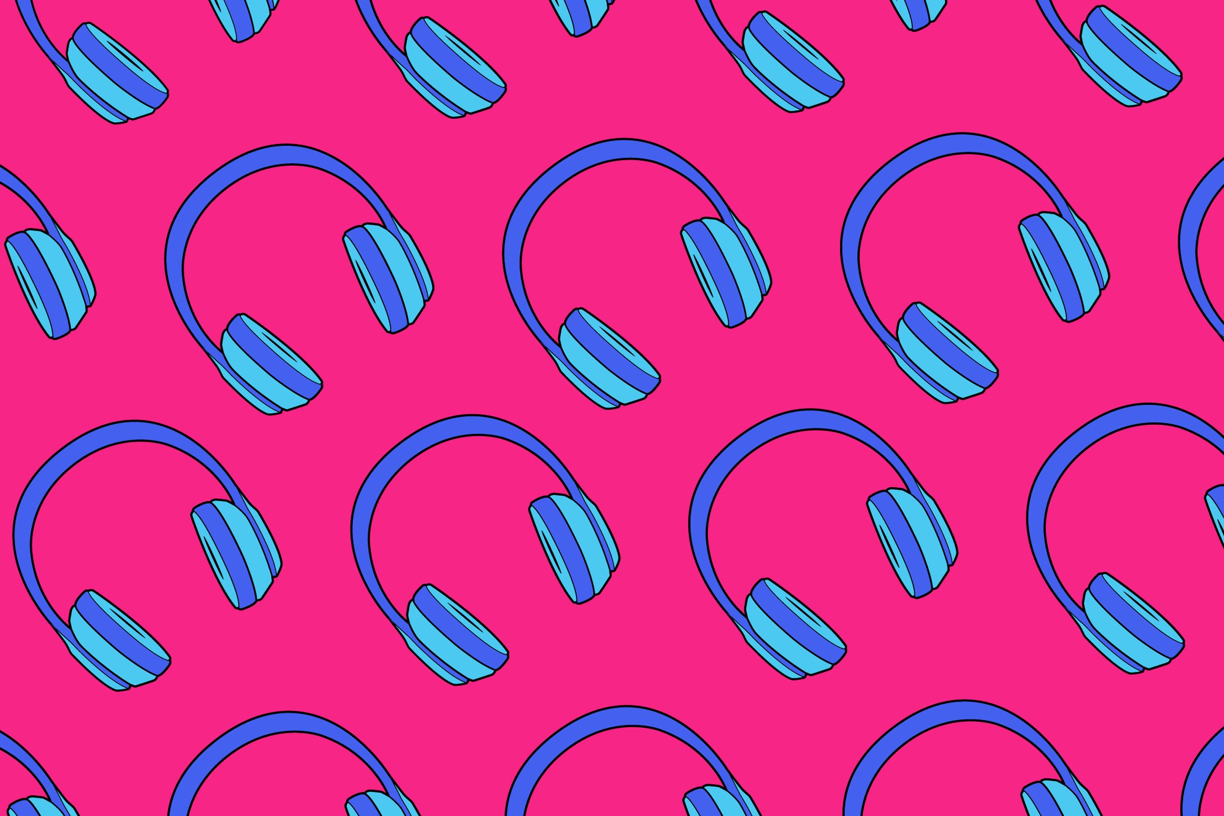 Rows of blue headphones floating diagonally against a pink background.