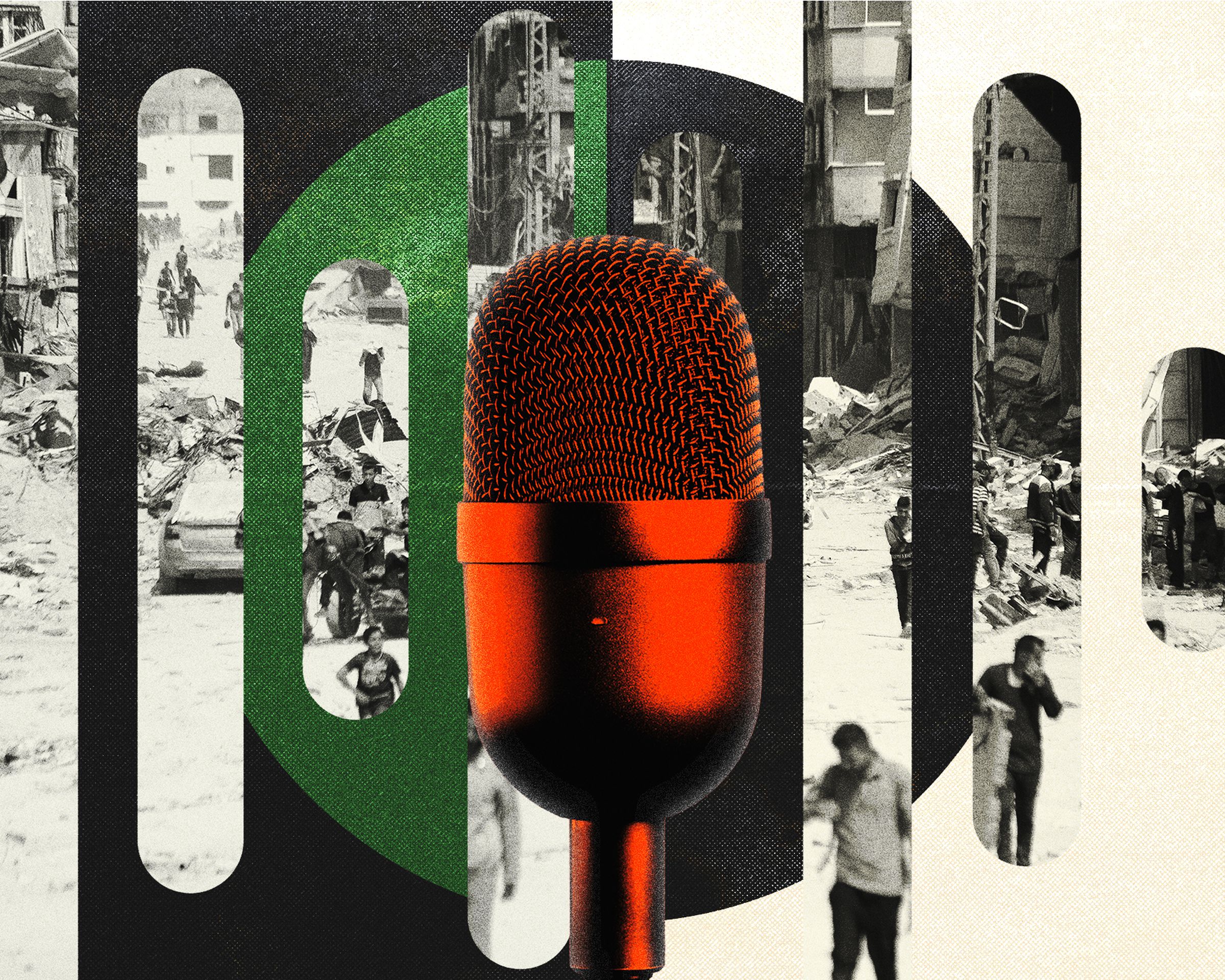 Illustration of a microphone on top of a collage of an image of Gaza City.