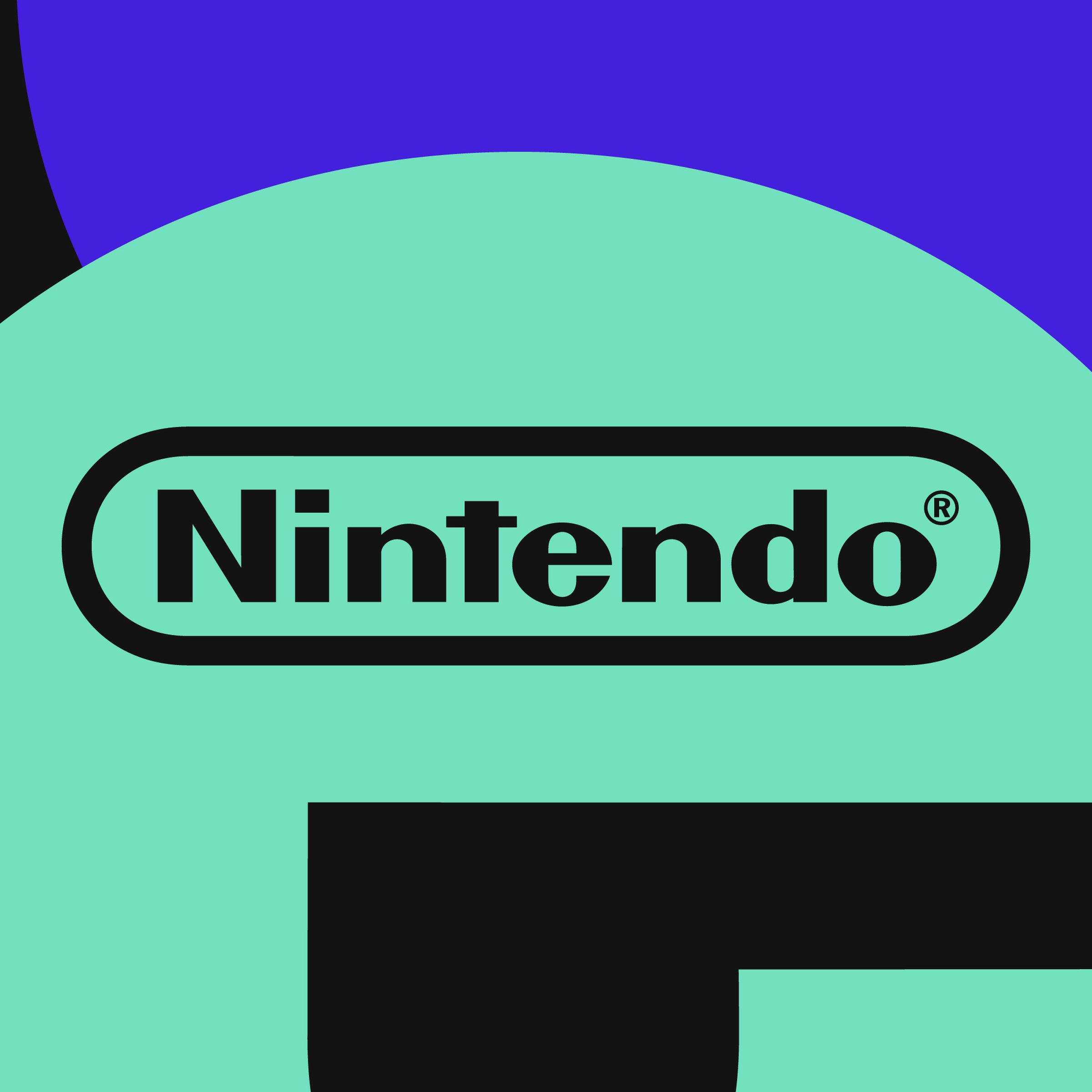 Nintendo’s logo in a green circle with black and purple shapes around it