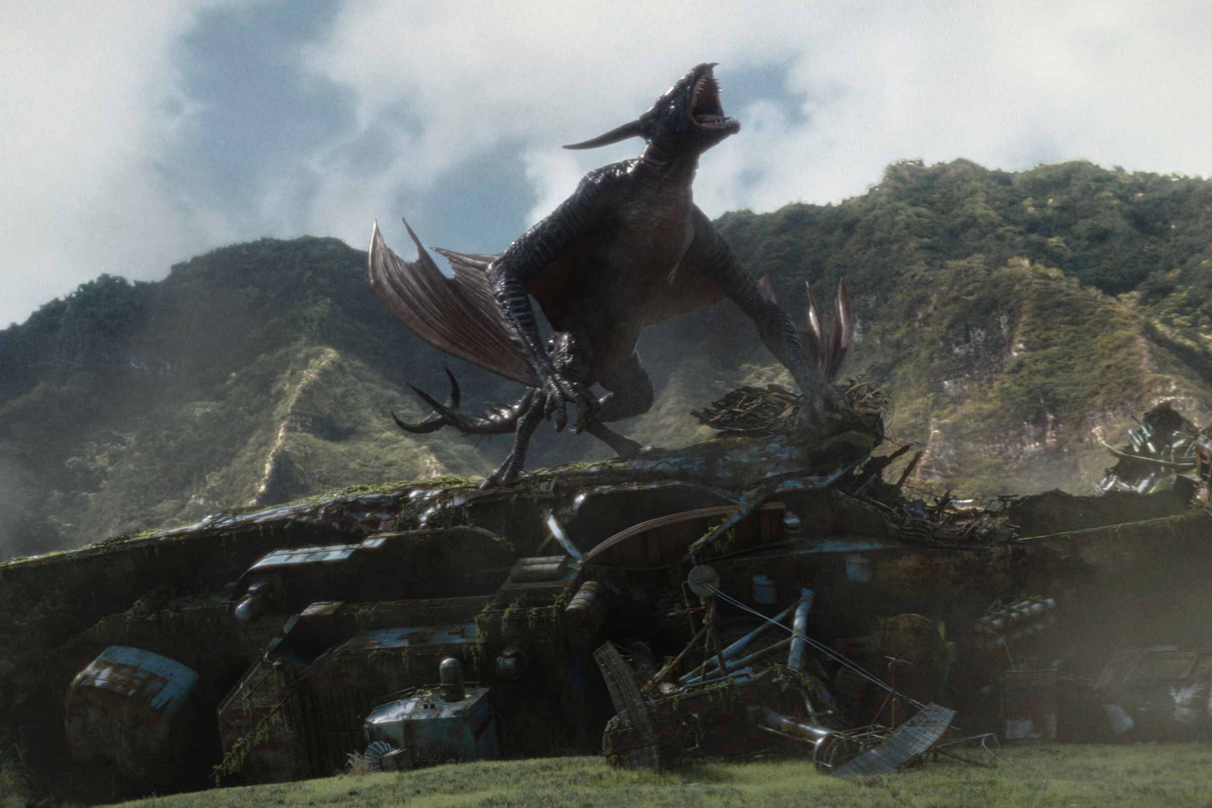 A winged dinosaur-like creature sitting atop the ruins of a wrecked building.