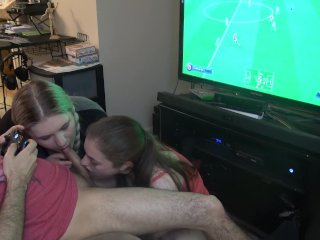 video games, gaming blowjob, brunette teen, courtney and abby