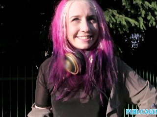 sex with stranger, pierced, outside, pink hair