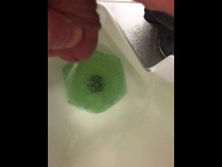 public urinal, bathroom floor piss, almost caught work, urethra pissing