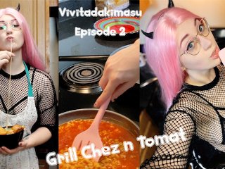 while cooking, girlfriend, pink hair, behind the scenes
