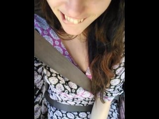 passenger seat, very excited girl, brunette brown eyes, big ass