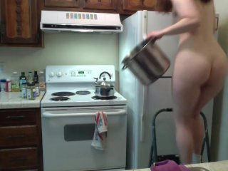 red head, small tits, jiggly, naked cooking