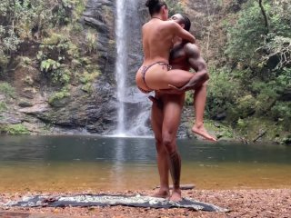 amateur couple, hot brunette, waterfall, latin