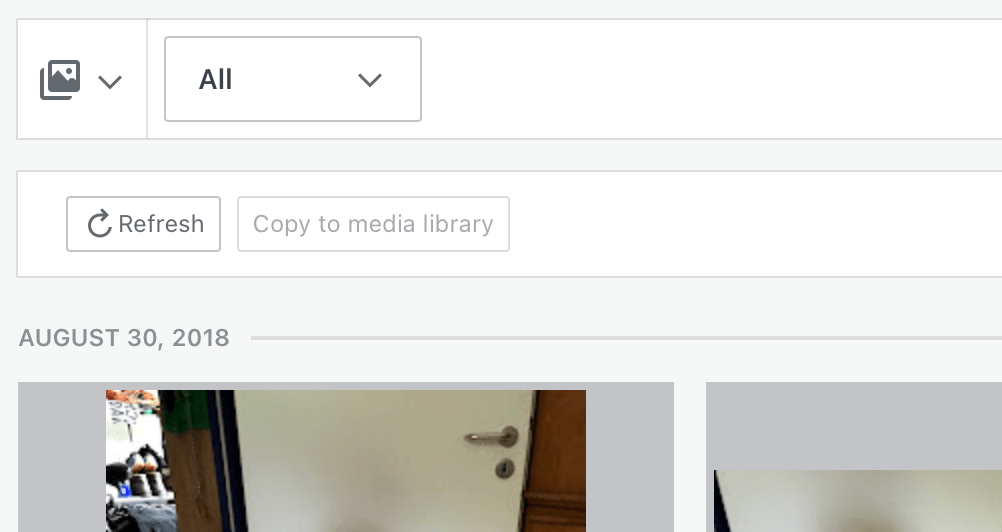 The Media library with Google Photos selected, and photos from Google showing.
