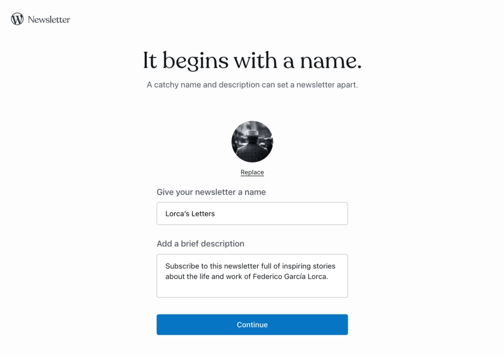 screenshot of WordPress.com newsletter name form