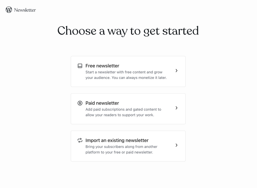 WordPress.com newsletter get started screen