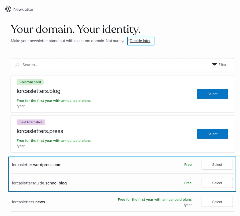 WordPress.com domain selection screen