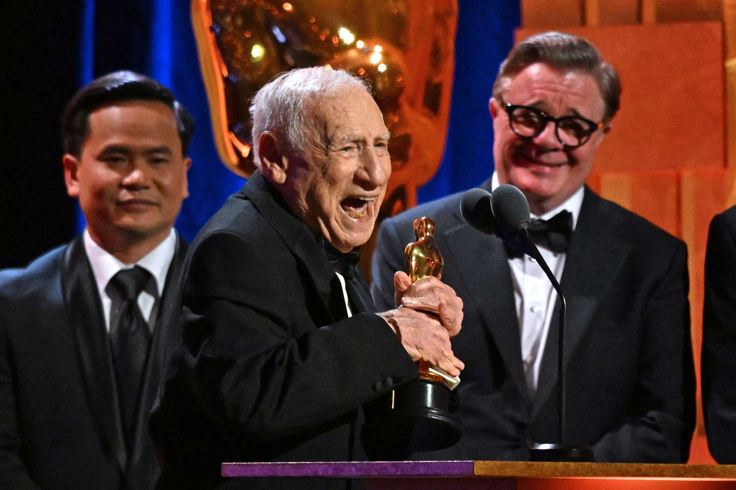 US actor Mel Brooks accepts the Academy Honorary Award during the Academy of Motion Picture Arts and Sciences' 14th Annual Governors Awards at the Ray Dolby Ballroom in Los Angeles on January 9, 2024. 