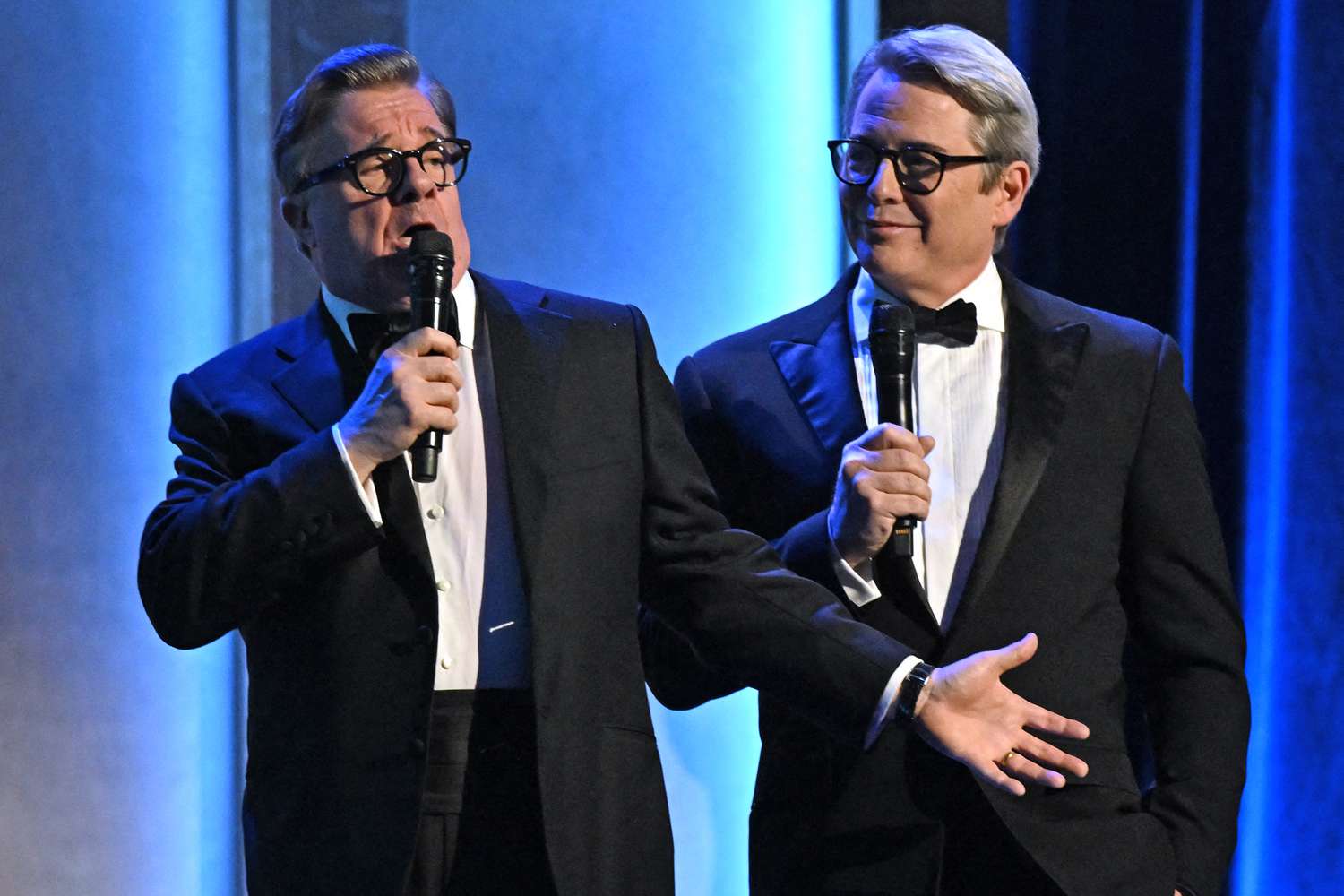US actor Nathan Lane and US actor Matthew Broderick speak on stage during the Academy of Motion Picture Arts and Sciences' 14th Annual Governors Awards at the Ray Dolby Ballroom in Los Angeles on January 9, 2024.