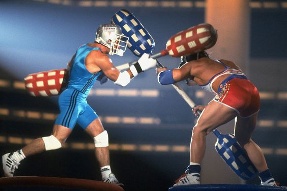 UNITED STATES - JUNE 22: Television: American Gladiators, Miscellaneous contenders in action during joust event of show, Los Angeles, CA 6/22/1991 
