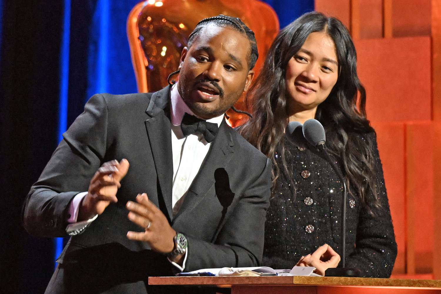 US filmmaker Ryan Coogler and Chinese filmmaker Chloe Zhao speak during the Academy of Motion Picture Arts and Sciences' 14th Annual Governors Awards at the Ray Dolby Ballroom in Los Angeles on January 9, 2024.