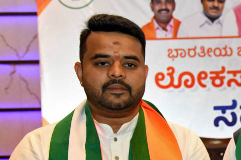 FILE PHOTO: Prajwal Revanna, a leader of Janata Dal (Secular) party, attends a meeting to form an alliance with India's ruling Bharatiya Janata Party (BJP), in Bengaluru, India, March 29, 2024. REUTERS/Stringer/File Photo ORG XMIT: FW1