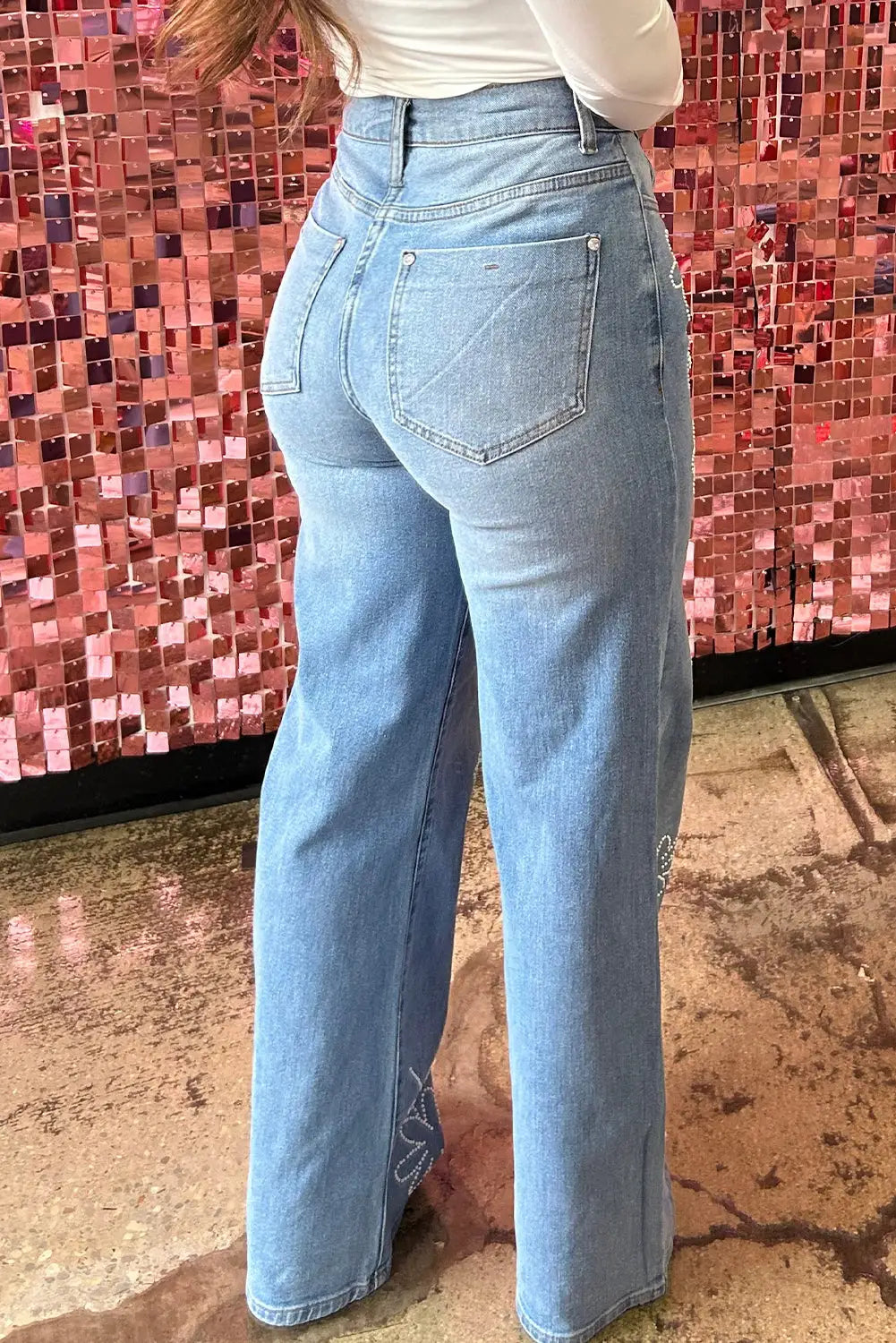 Wide leg jeans - light blue floral rhinestone decor high rise