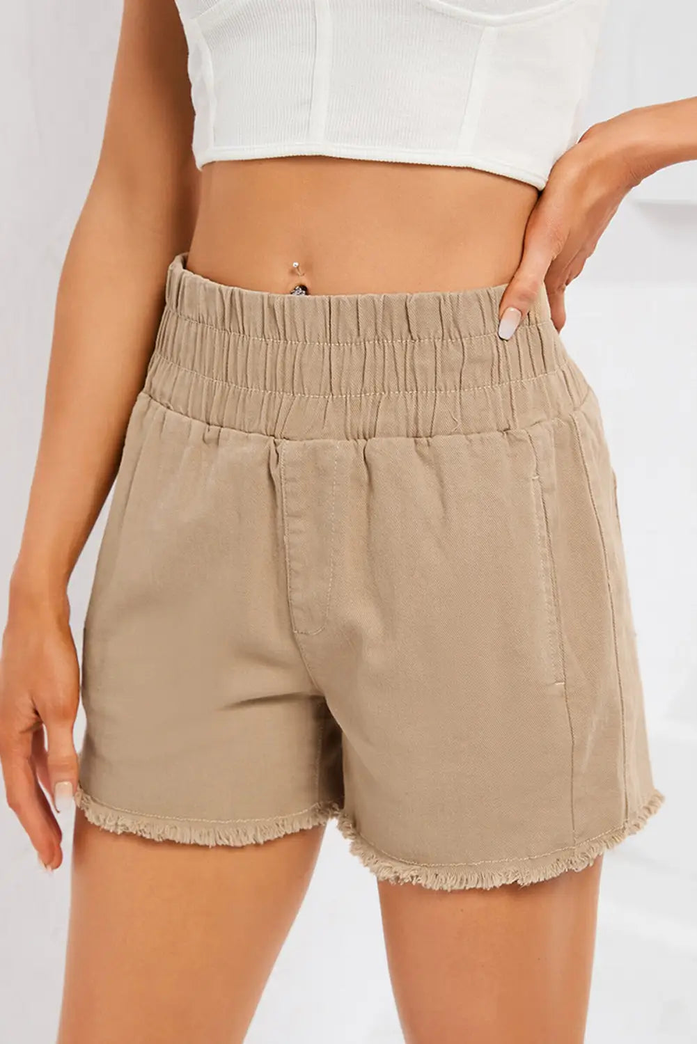 Smocked elastic high waist casual shorts - khaki / 6 / 98% cotton + 2% elastane