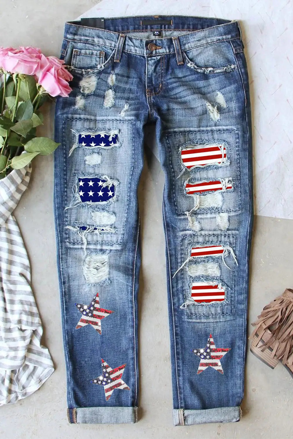 Straight jeans - sky blue sequin american flag star graphic distressed - 4 / 75% cotton + 24% polyester + 1% elastane