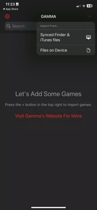 Screenshot of the Gamma iOS emulator while importing ROMs-2