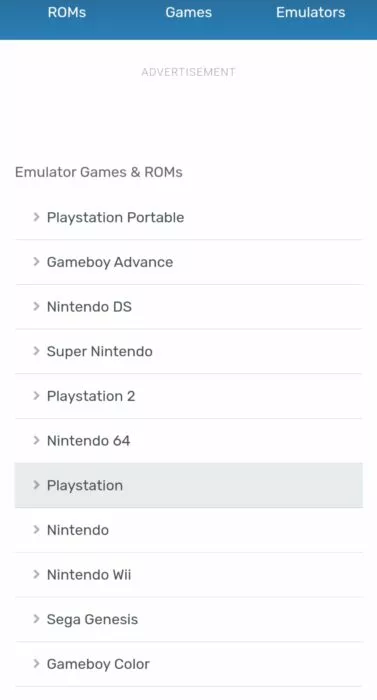 Screenshot of the ROMs section in emulatorgames.net