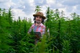 cannabis farmer holds tablet while in field of cannabis