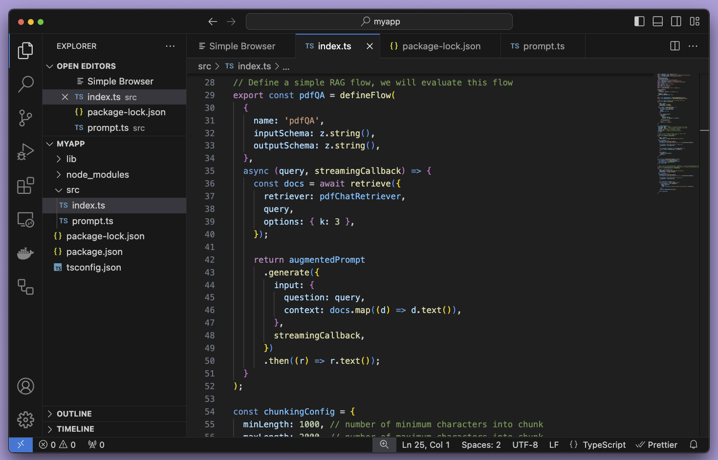Screenshot of IDE showing Firebase Genkit RAG sample code