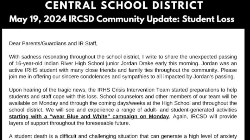 Screenshot of a message to the Indian River Central School community posted on Facebook.