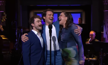 Daniel Radcliffe, Jonathan Groff, and Lindsay Mendez on "The Late Show"