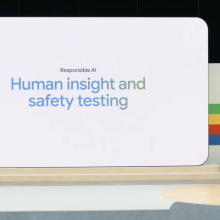 A man stands in front of a large screen that reads "Responsible AI: Human insight and safety testing."