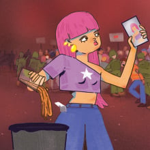 An illustration of a woman filming herself pouring out a coffee as a crowd of protesters and police clash behind her.