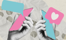 collage picture of two arms holding smart phones with message bubbles and hearts coming out of them